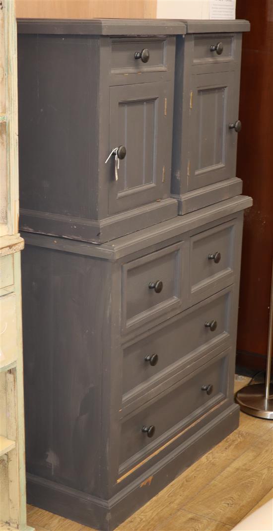 A painted pine chest of drawers and two bedside cabinets Chest W.91cm